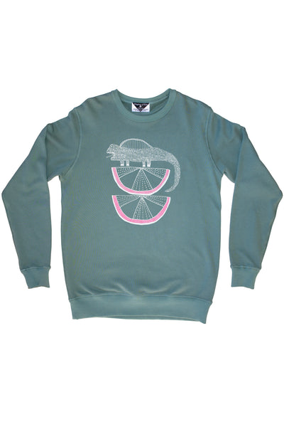 Horatio-Sage-Green-Sweater-Handprinted-NZ.jpg Ethically produced in New Zealand Guardian of the Limes Illustrated Artist Sweatshirt